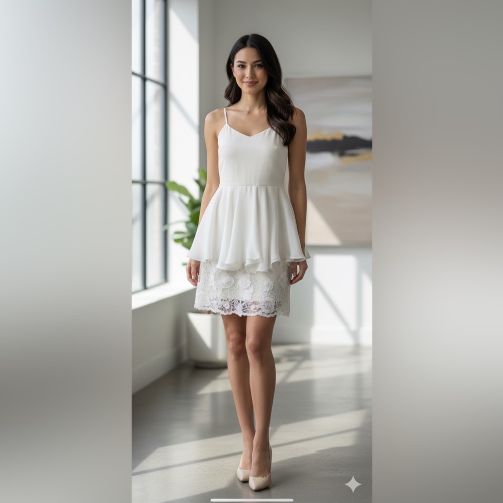 Kalmanovich Spaghetti Strap Lace Peplum Layered Dress White 4